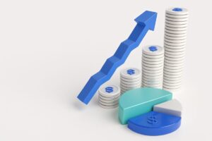 Ilustración con monedas, gráficas y flechas que simbolizan el aumento del PIB y la apertura de mercados competitivos en América Latina