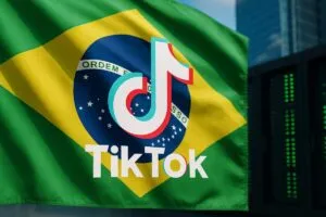Centro de datos de TikTok en Brasil con elementos visuales de la bandera brasileña y contexto tecnológico