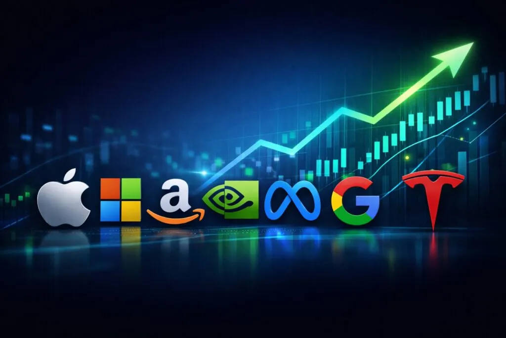 Composición de logos de Apple, Microsoft, Nvidia y otras tecnológicas con datos bursátiles de enero de 2026