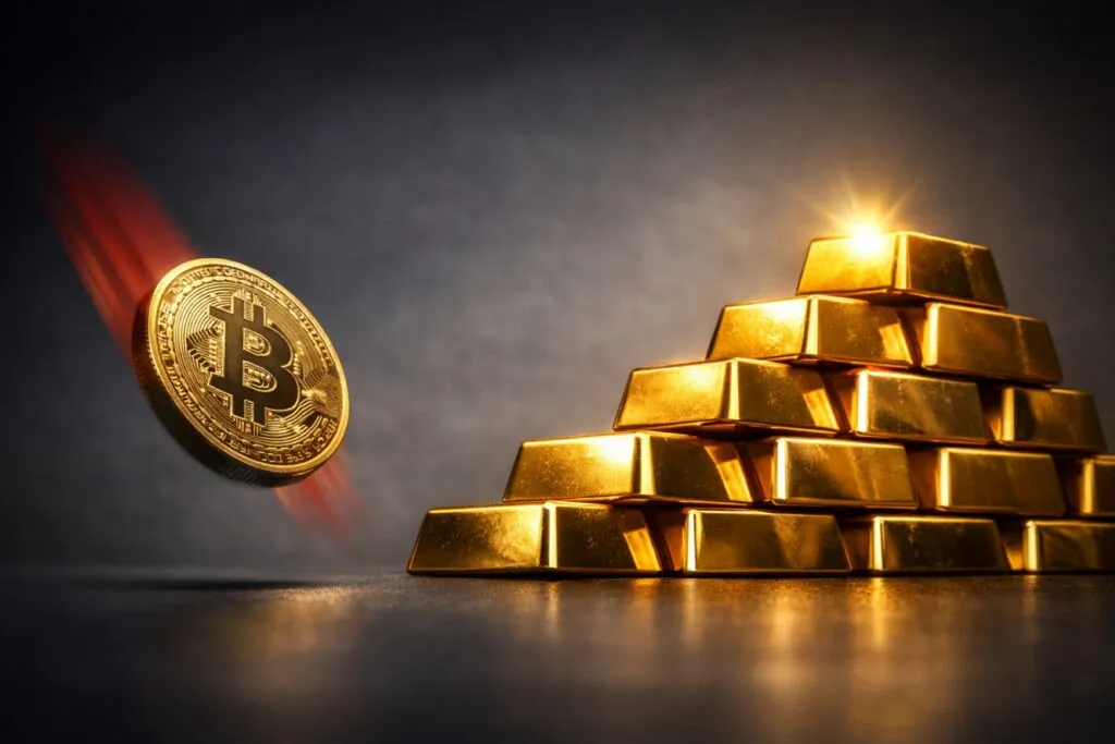 Representación de bitcoin en descenso y lingotes de oro en alza como activos de refugio