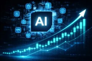 Representación visual de acciones tecnológicas impulsadas por inteligencia artificial en el mercado bursátil estadounidense