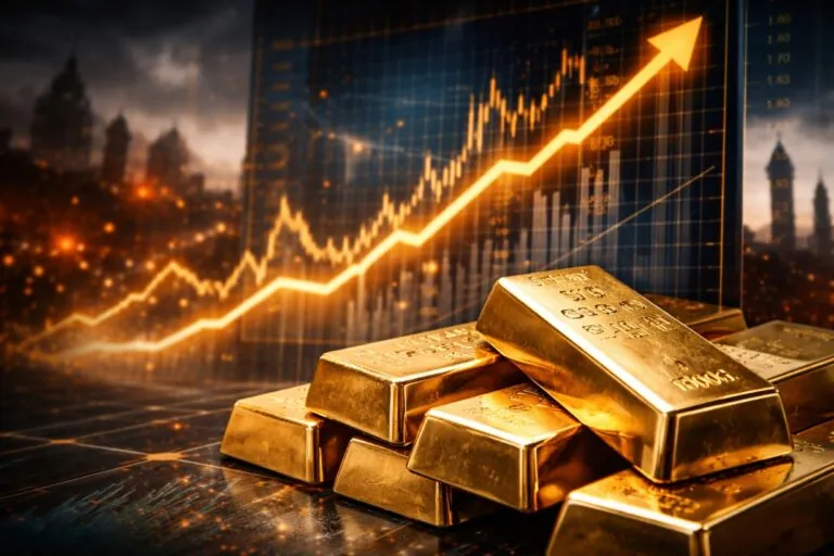 Representación del precio del oro superando los 5.500 dólares con gráficos financieros y lingotes, en contexto geopolítico inestable