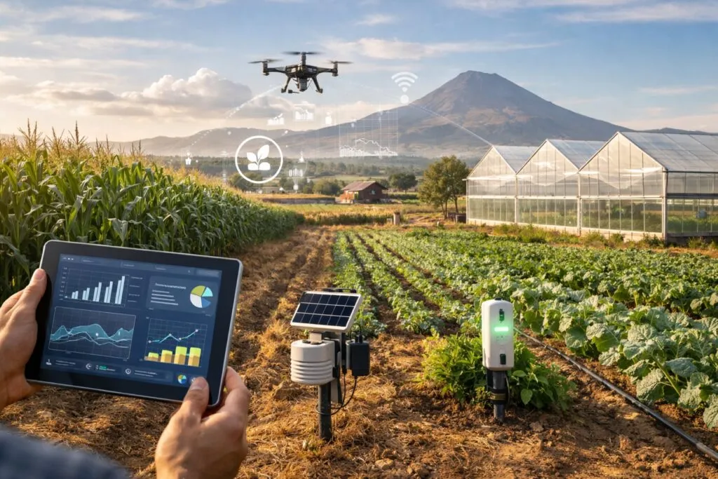 Campo agrícola en México con tecnología digital aplicada al cultivo, símbolo del auge del agrifood tech