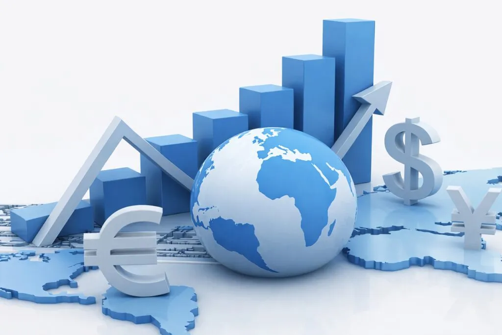 Representación visual del crecimiento económico global desacelerado con tensiones comerciales e inflación
