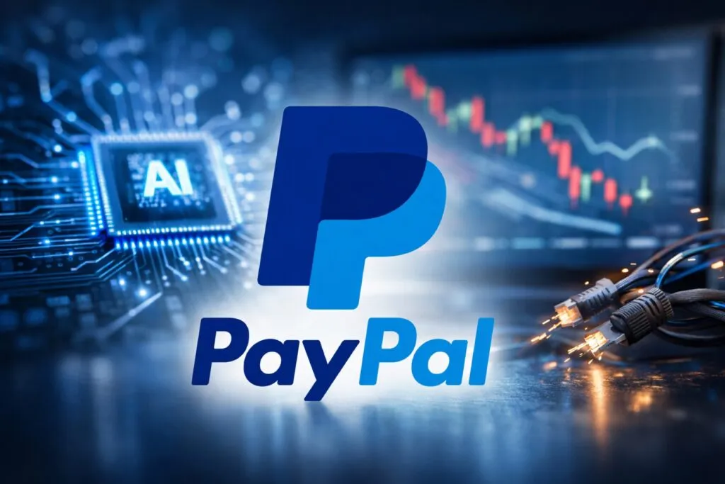Representación editorial del logotipo de PayPal con inteligencia artificial y problemas técnicos relacionados con redes de afiliación