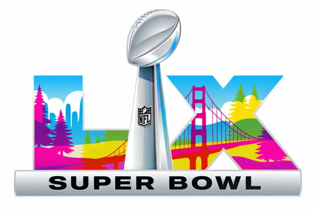 Ilustración editorial del Super Bowl LX con símbolos de consumo y bandera mexicana en fondo financiero