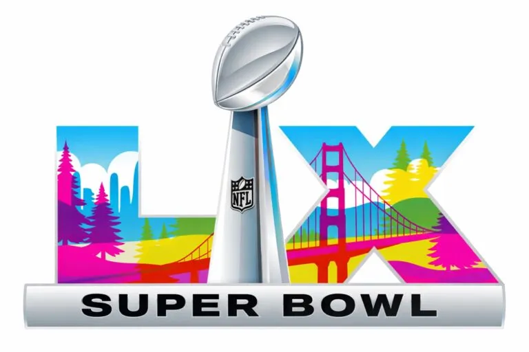 Ilustración editorial del Super Bowl LX con símbolos de consumo y bandera mexicana en fondo financiero
