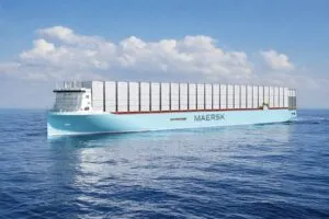 Ilustración editorial de un buque portacontenedores con motores ecológicos cruzando el mar