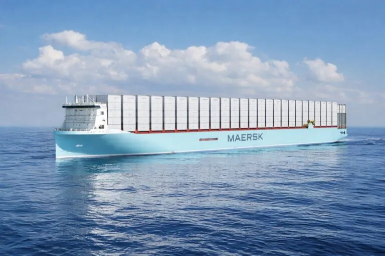 Ilustración editorial de un buque portacontenedores con motores ecológicos cruzando el mar