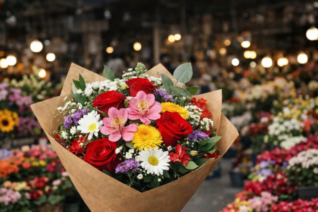 Ramos de flores rojas exhibidos en un mercado local con alta demanda durante el 14 de febrero.