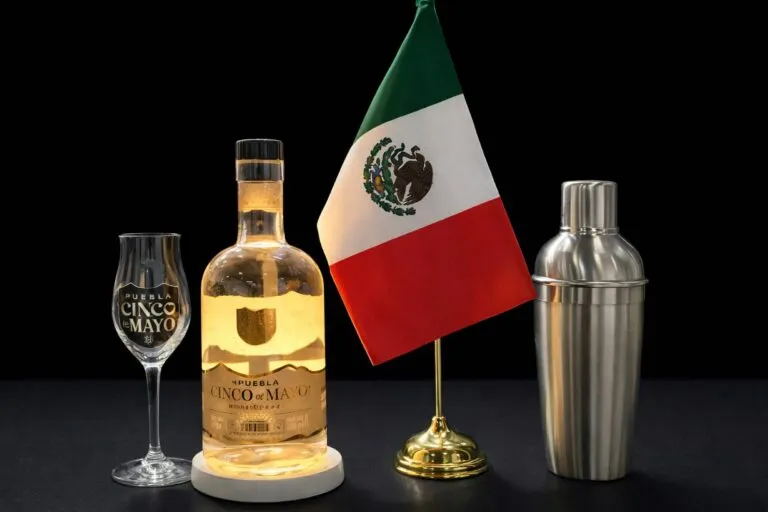 Botellas de Mezcal Puebla exhibidas en un recinto ferial europeo, destacando calidad y proyección internacional.