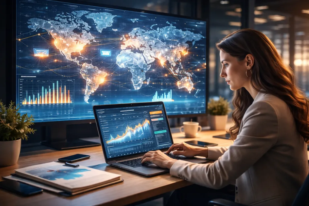 mujer empresaria trabajando en comercio digital internacional con gráficos de exportaciones y mercados globales