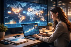 mujer empresaria trabajando en comercio digital internacional con gráficos de exportaciones y mercados globales