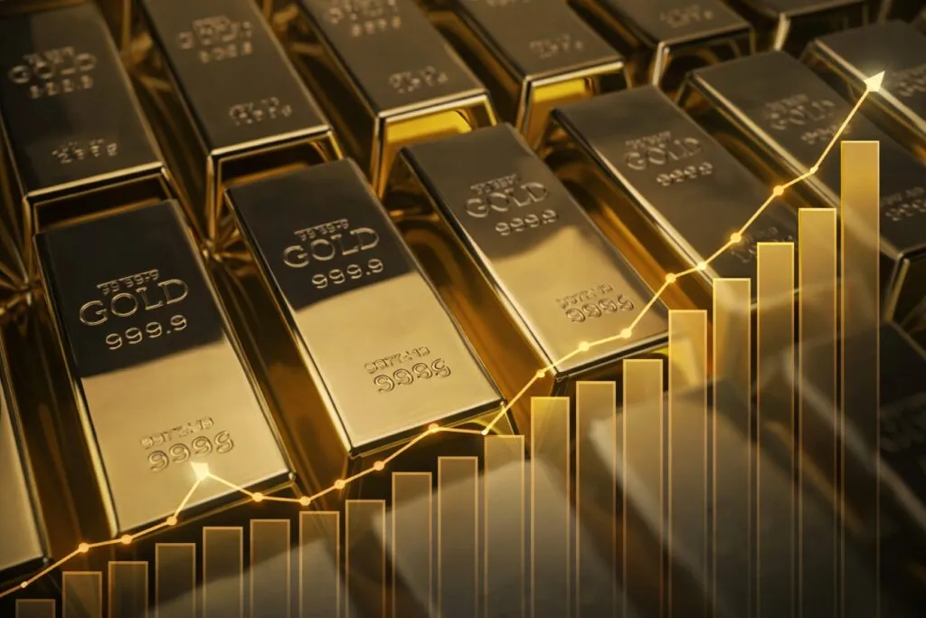 Gráfica del precio del oro con mapas de conflicto y mercados globales mostrando alza del oro refugio