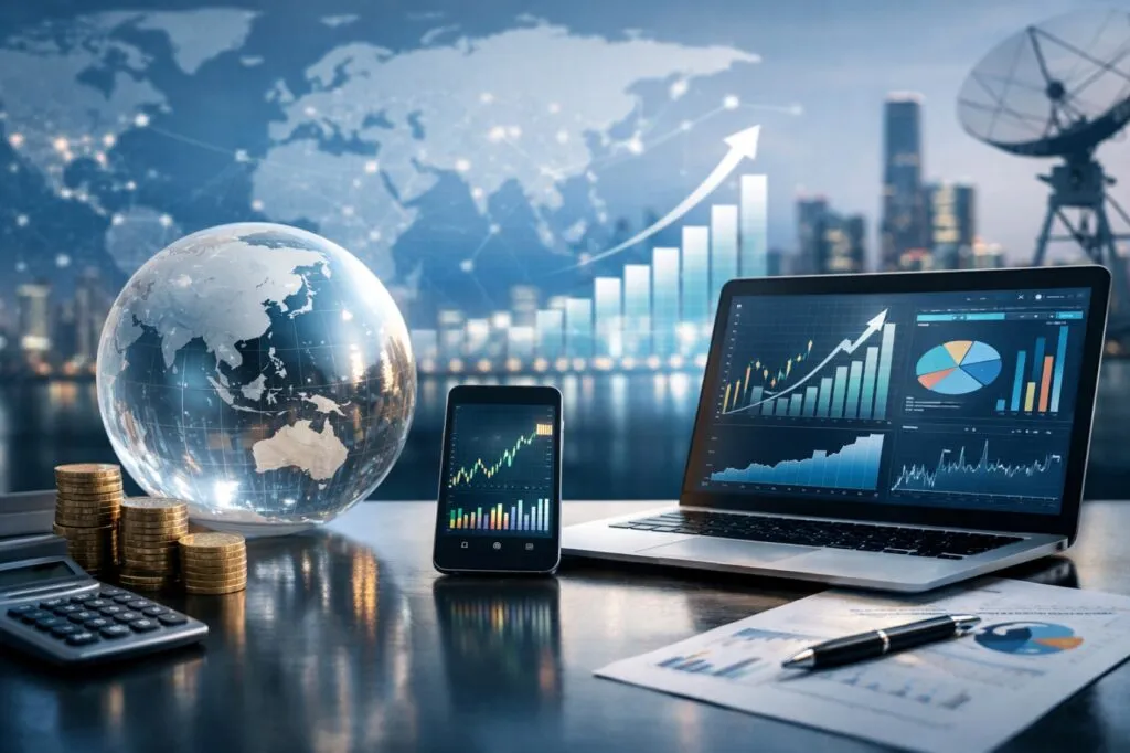 Escena financiera con gráficos digitales, dispositivos y globo que representa la gestión de activos impulsada por tecnología en mercados emergentes y globales