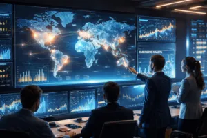 analistas financieros observan gráficos de mercados emergentes 2026 impulsados por inteligencia artificial y nuevas inversiones globales