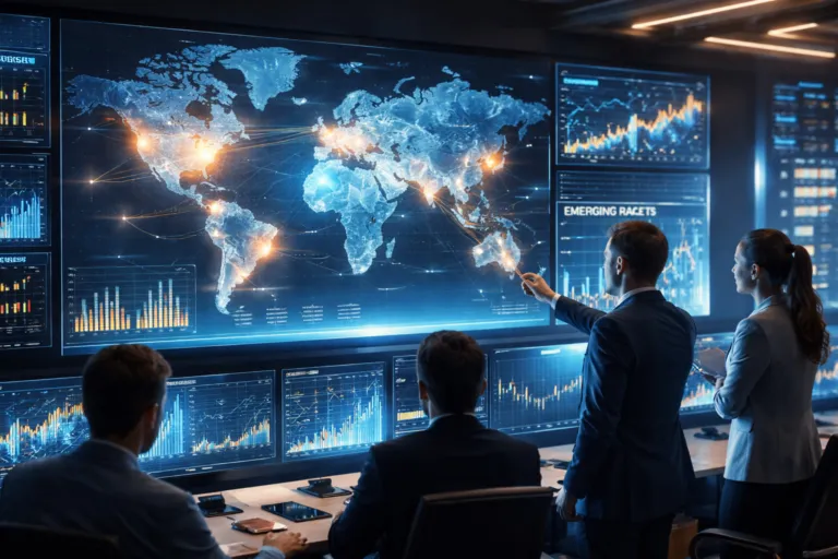 analistas financieros observan gráficos de mercados emergentes 2026 impulsados por inteligencia artificial y nuevas inversiones globales