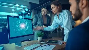 inteligencia artificial empresarial en empresas globales con equipos directivos analizando datos y estrategia tecnológica