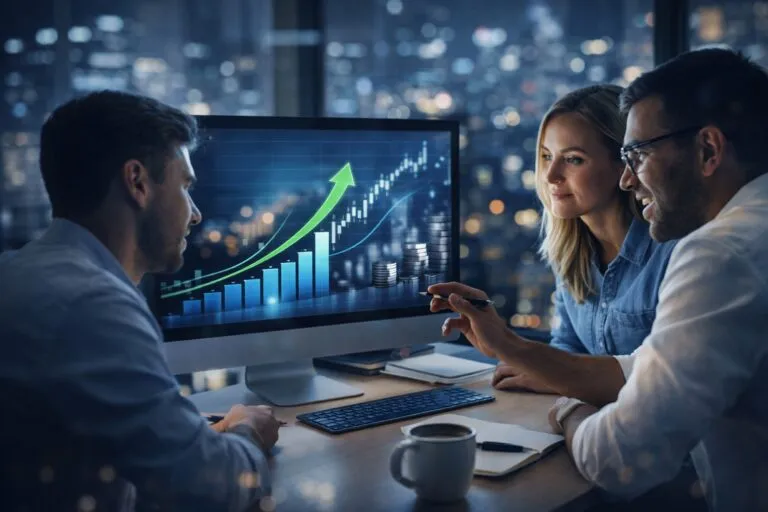 Profesionales revisan gráficos financieros al alza en pantalla, reflejando crecimiento económico e inversión tecnológica en Estados Unidos