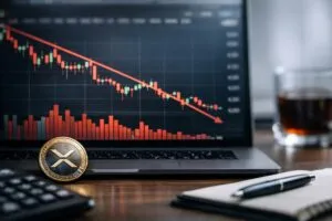 Gráfico financiero de XRP con indicadores de volumen bajo y tendencia bajista en mercados digitales