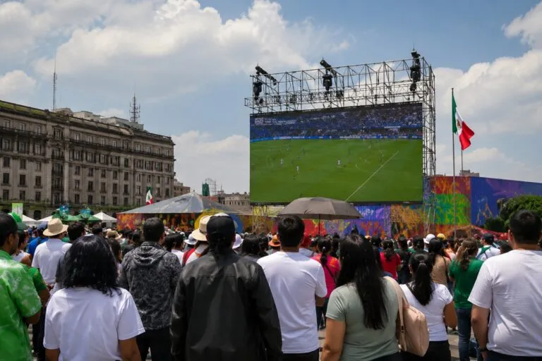 Mundial 2026 consumo con aficionados en una zona comercial de México y actividad económica moderada.
