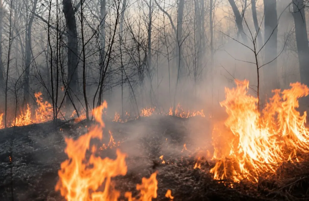 Incendios forestales en España con humo sobre bosques y efectos en la economía, el turismo y la infraestructura.