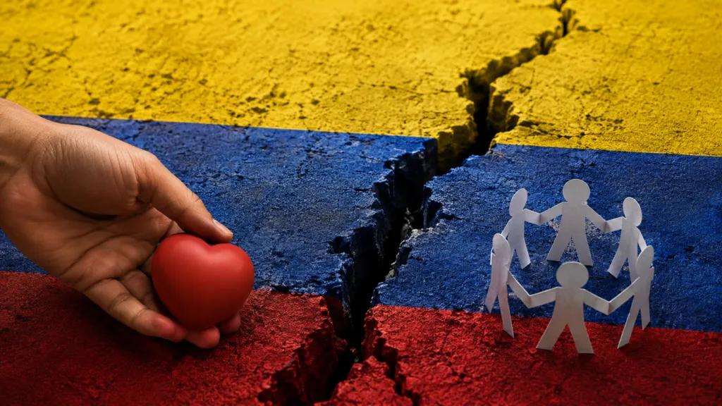 Bandera de Colombia agrietada con una mano y figuras que representan apoyo durante la emergencia