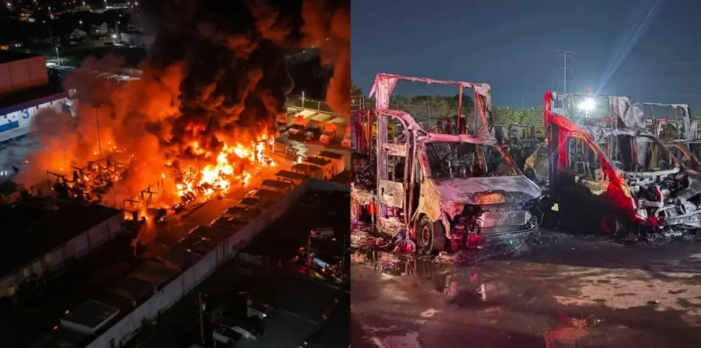 Vehículos de reparto afectados por un incendio en instalaciones de PepsiCo en Matamoros, Tamaulipas.