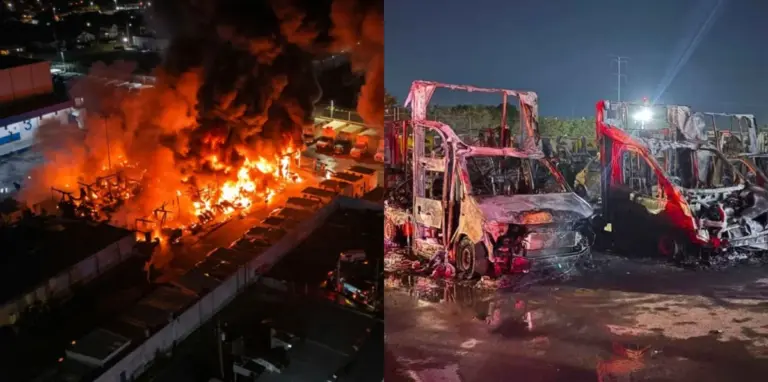Vehículos de reparto afectados por un incendio en instalaciones de PepsiCo en Matamoros, Tamaulipas.