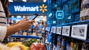Compradora usa su celular frente a etiquetas digitales de precios y gráficos de inteligencia artificial