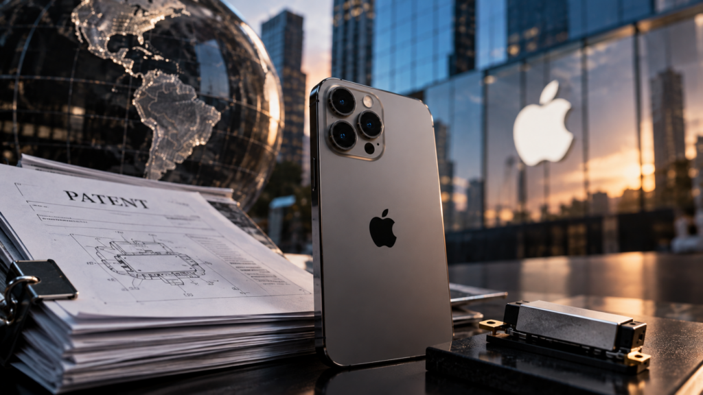iPhone junto a documentos de patentes y un componente electrónico, con el logotipo de Apple y edificios corporativos al fondo