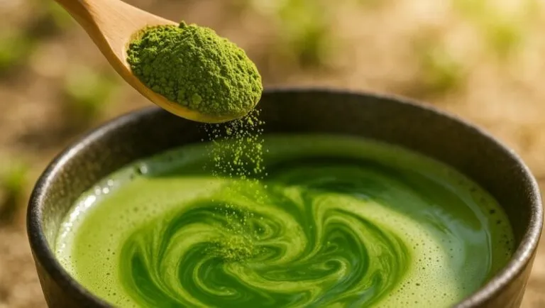 Un matcha latte sobre una barra de cafetería moderna, acompañado de polvo de matcha y utensilios tradicionales japoneses.