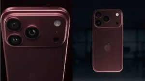 iPhone 18 Pro en color borgoña sobre fondo editorial minimalista, destacando el acabado trasero y el módulo de cámaras.