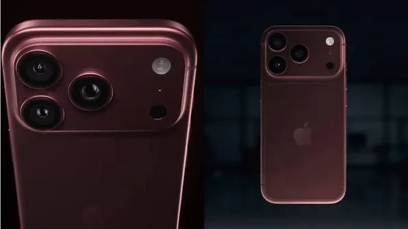 iPhone 18 Pro en color borgoña sobre fondo editorial minimalista, destacando el acabado trasero y el módulo de cámaras.