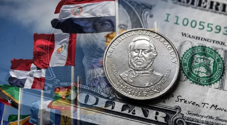 Billetes y monedas de América Latina junto a dólares estadounidenses como representación del comportamiento cambiario de octubre.