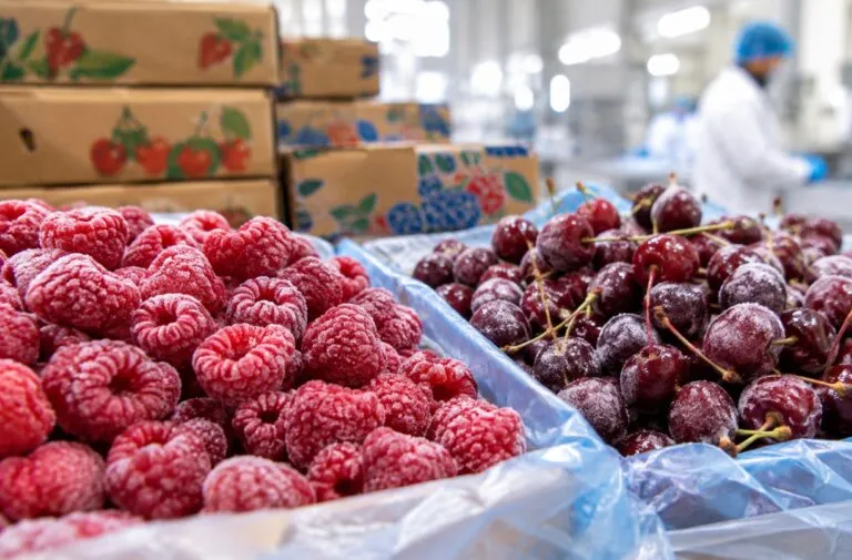 Fruta congelada de Chile con frambuesas y cerezas destinadas a la exportación y comercialización internacional.