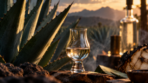 Copa de mezcal junto a hojas de agave y una botella al atardecer, imagen ilustrativa para Mundo Mezcal, presentado por Banco Azteca.